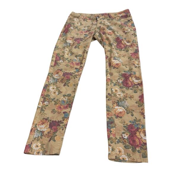 MUDD Woman's 7 Low Rise Tan Multicolor Victorian Floral AOP Tapered Pants Y2K - Picture 2 of 5